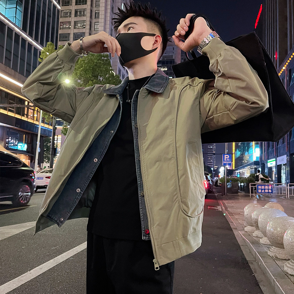J70/P118控158 假两件拼接外套男士秋季高级感牛仔翻领夹克上衣绿图片