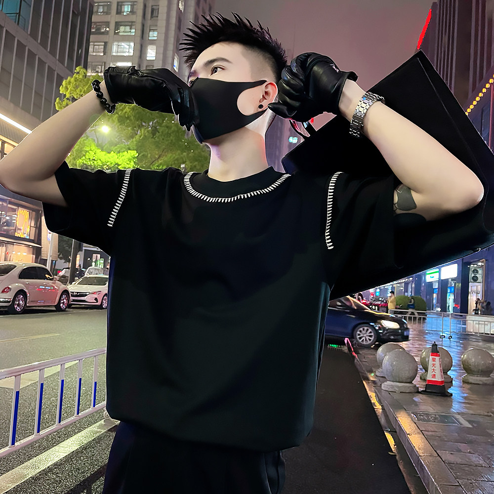 T197/P58控78 新中式设计感明线撞色刺绣圆领短袖T恤社会小伙黑2图片