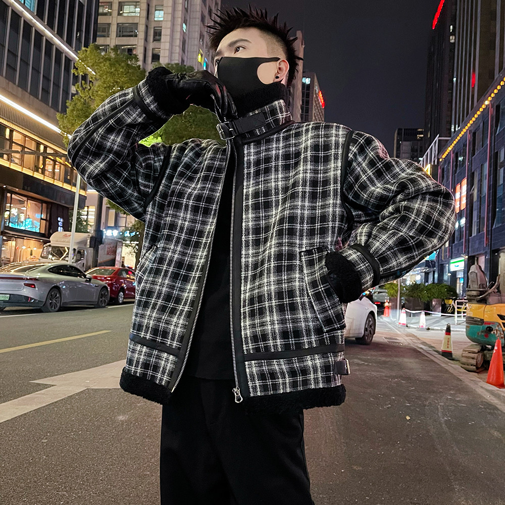 A65/178控238潮牌痞帅男士高级感皮毛一体翻领棉服外套上衣黑1，男装棉衣，电商A366