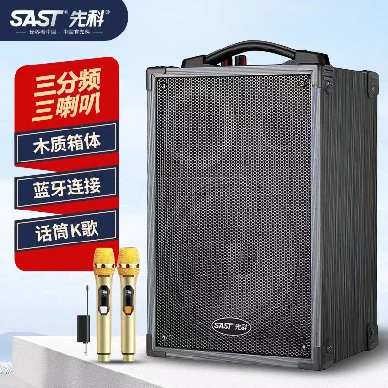 先科木质三分频广场舞蓝牙音响户外K歌移动手提音箱带无线话筒