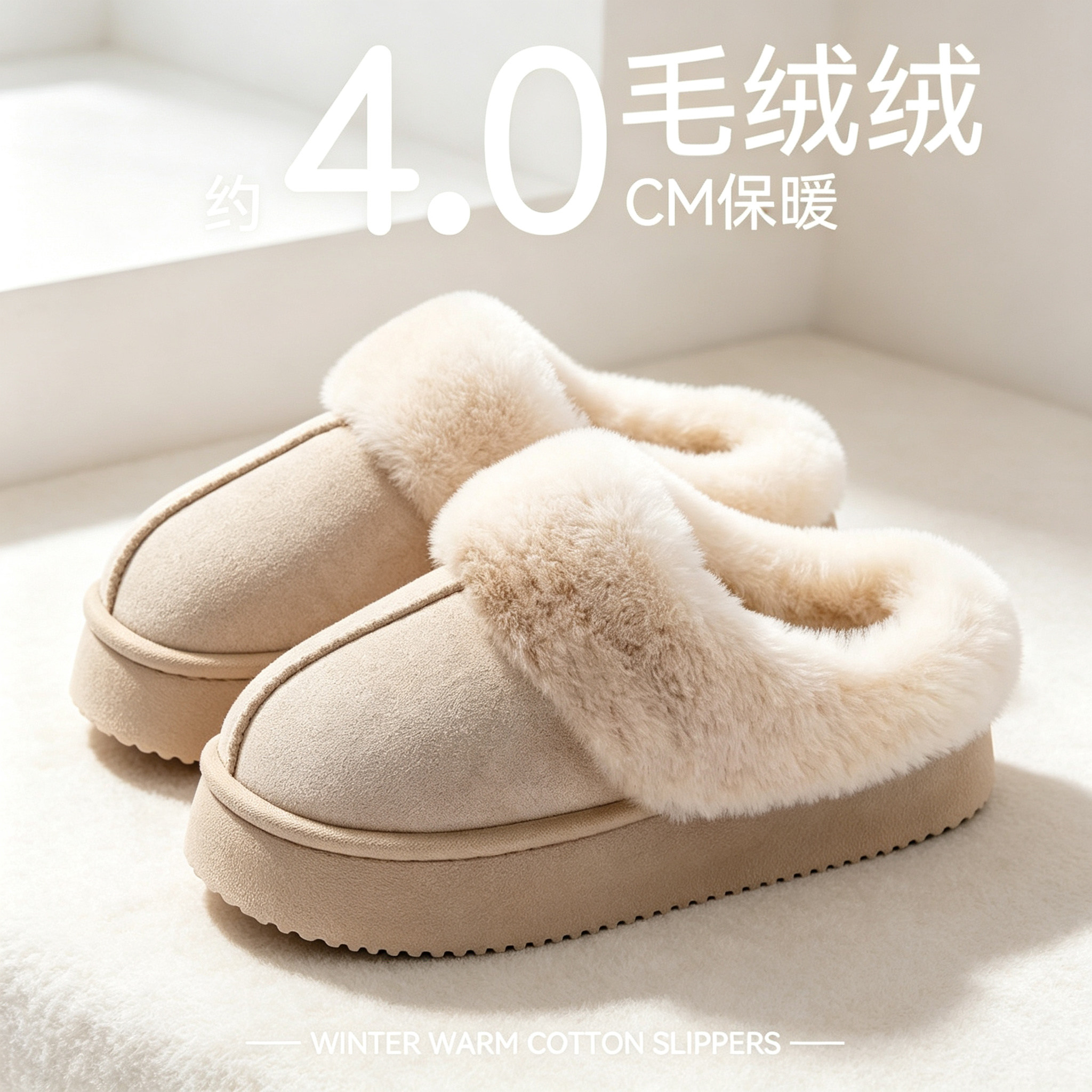 厚底女款毛绒棉拖鞋冬季室内家居包头拖鞋防滑加厚保暖毛毛拖女鞋
