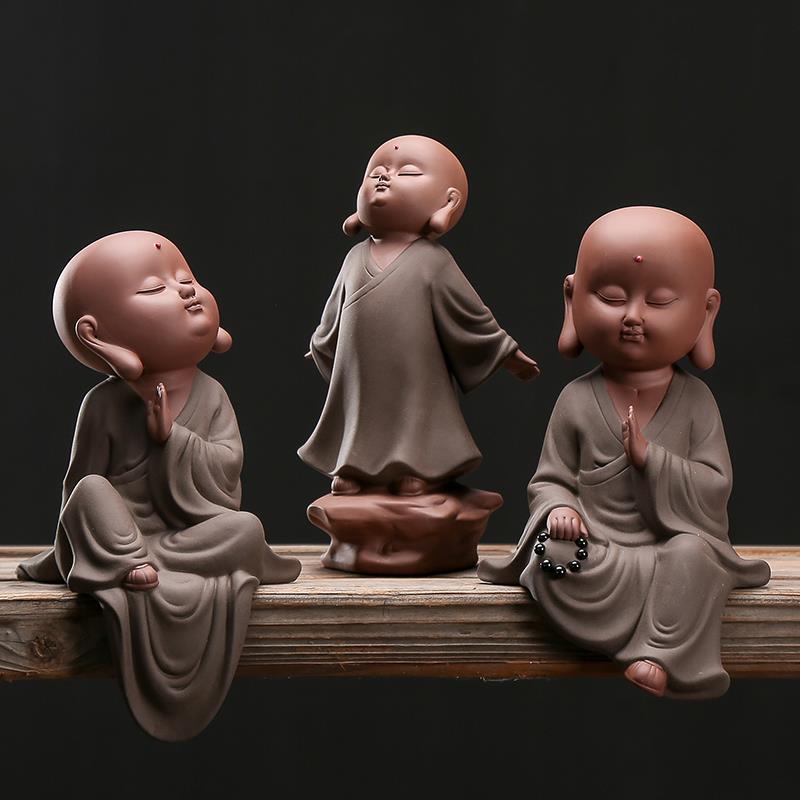 大号禅意紫砂小和尚摆件中式家居装饰品可爱陶瓷小沙弥客厅摆设