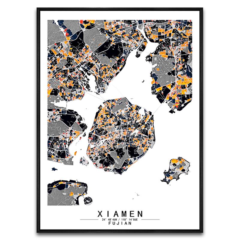 福建厦门现代抽象城市彩色色块艺术地图画客厅装饰画餐厅房间挂画
