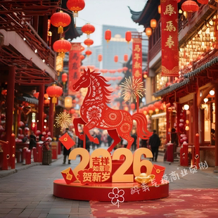 2026马年红色剪纸马造型美陈摆件新年打卡春节商场店铺布置道具