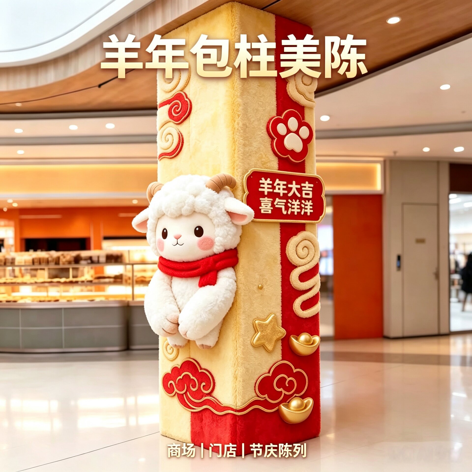 2027元旦新年生肖羊毛绒柱子美陈商场酒店地铁柱子装饰毛线外衣