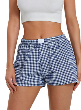 Retro loose check wide-legged shorts    复古宽松格子阔腿短裤