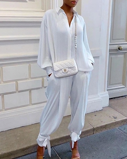 Solid color loose shirt and pants suit纯色宽松衬衫裤子套装女