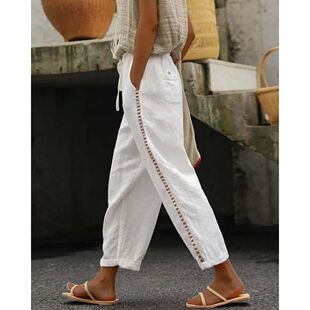 镂空拼接休闲度假风长裤女 Leisure hollowed out spliced pants