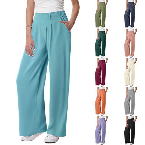 纯色松紧腰宽松休闲阔腿长裤 Solid color casual wide leg pants