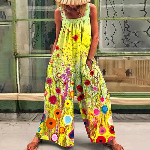 印花背带阔腿连体裤女Printed shoulder strap wide leg jumpsuit