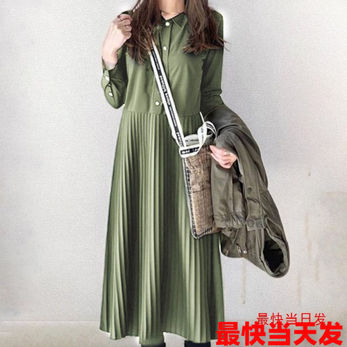 纯色翻领拼接A字连衣裙