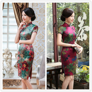 Retro print slim short-sleeved cheongsam复古印花修身短袖旗袍