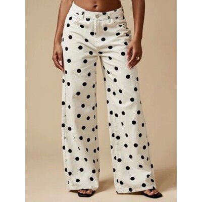 波点印花休闲女阔腿仿牛仔裤 Polka dot printed imitation jeans