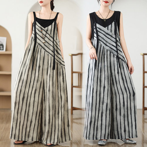 宽松条纹背带阔腿裤 Loose striped overalls and wide leg pants