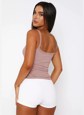 Solid lace lace trimmed tank top纯色蕾丝花边修身套头吊带背心