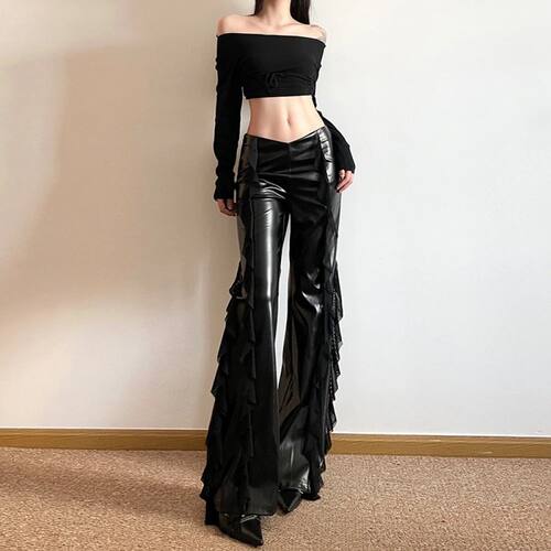 高腰网纱拼接直筒女休闲裤
