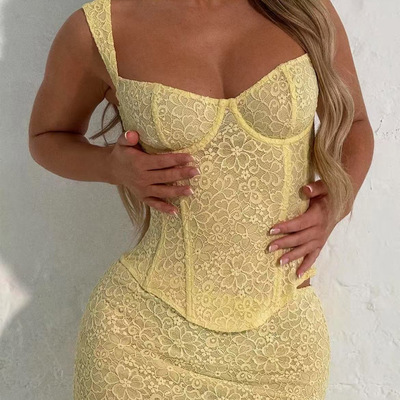 Solid color lace patterned corset vest纯色蕾丝花纹修身吊带女