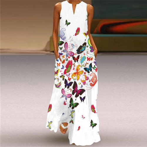 Vintage V-neck print sleeveless dress  复古V领印花无袖连衣裙