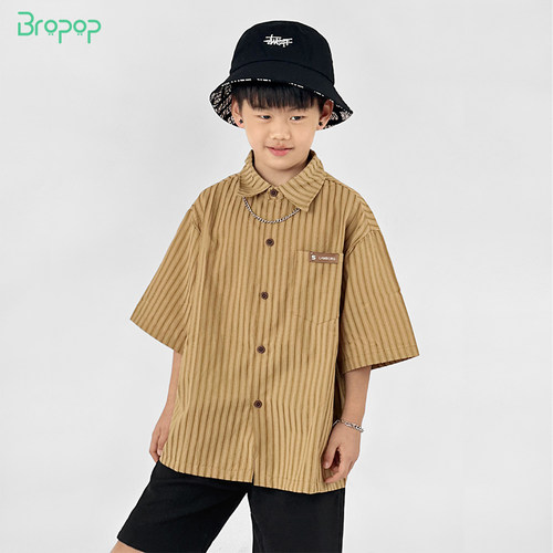 Bropop儿童衬衫男童衬衣短袖薄款上衣2024新款夏季外套夏装透气