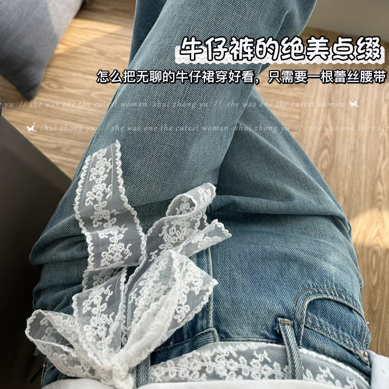 韩系纯欲气质蕾丝腰带打蝴蝶结配饰超仙白色飘带长条领巾女牛仔裤