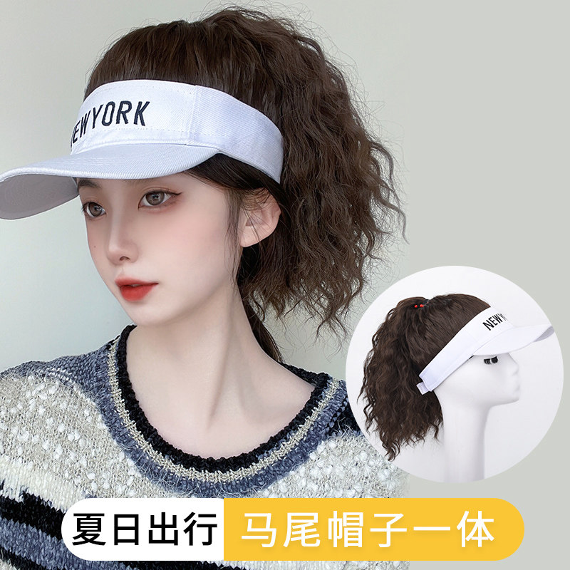 假发帽子女长发一体时尚空顶遮阳帽子马尾韩版潮百搭水波纹假发帽