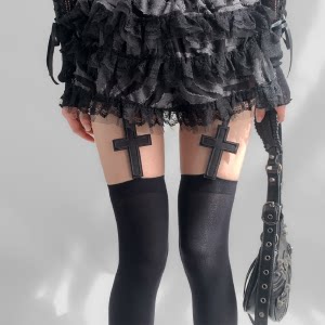 暗黑十字架过膝袜女薄款辣妹吊带袜洛丽塔长筒丝袜性感纯欲风