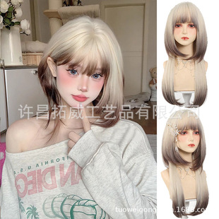 白金色渐变水母头假发全头套女长直发公主切齐刘海高温丝仿真头套
