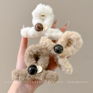 秋冬毛绒珍珠抓夹女小号鲨鱼夹后脑勺发夹发量少头发发卡头饰夹子