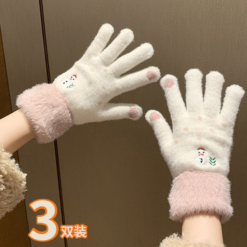 雪人触屏手套女网红冬季学生百搭加绒手套女保暖加绒加厚可爱复古