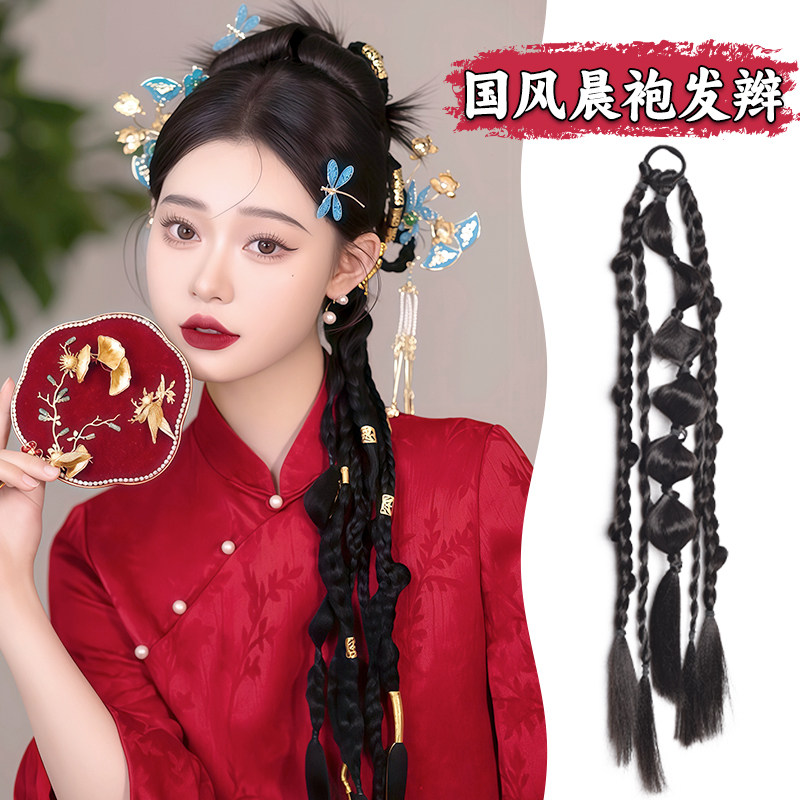 新中式头饰国风编发新娘发型假发辫子女马尾花朵辫扭扭麻花辫发饰