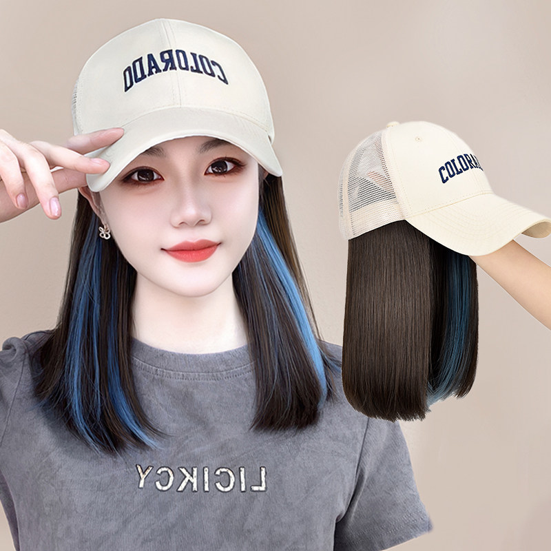 春夏2025新款假发帽子一体女时尚遮阳短发挑染锁骨发棒球帽全头套