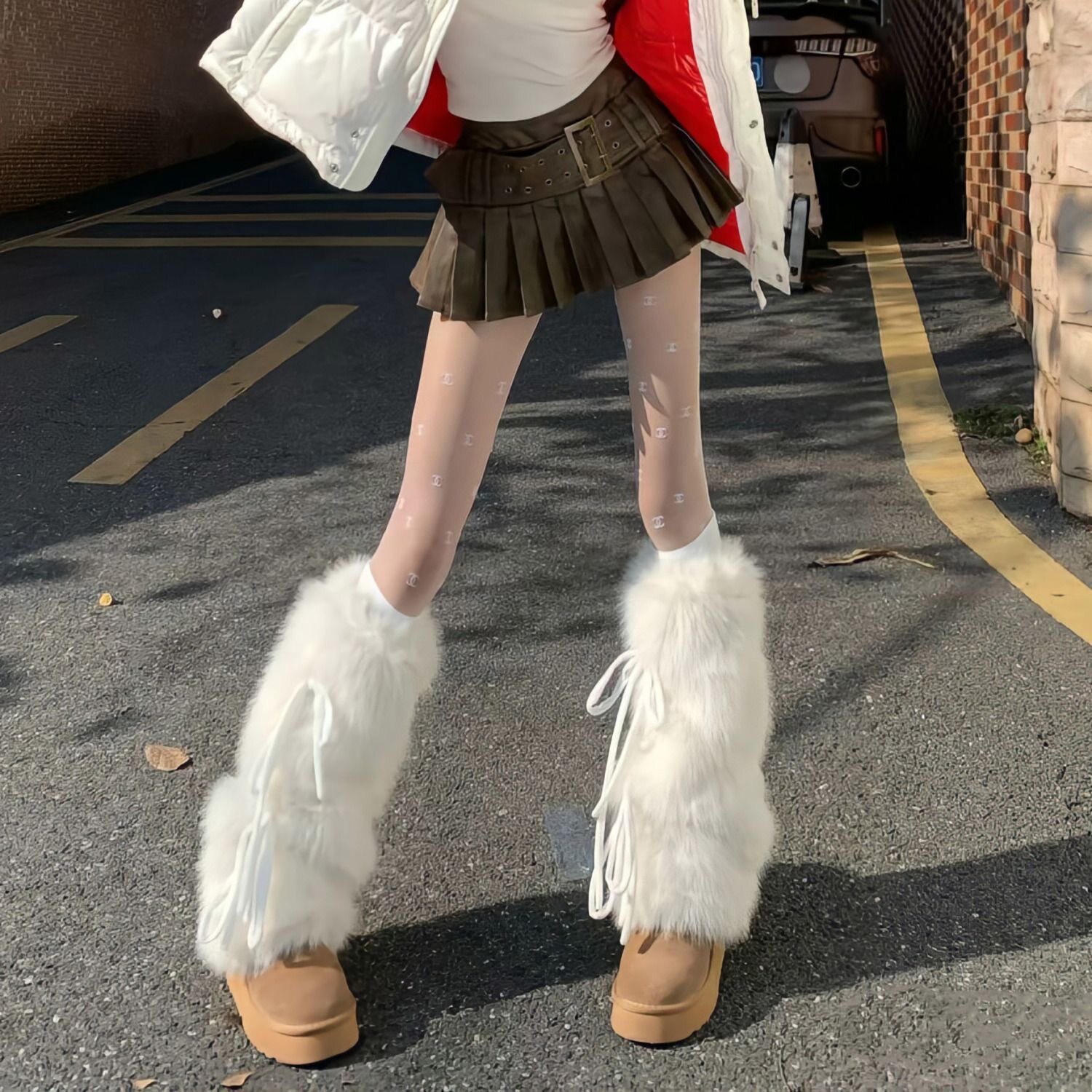 y2k辣妹白色毛绒秋冬保暖蝴蝶结毛毛护腿套搭配雪地靴中筒袜套女
