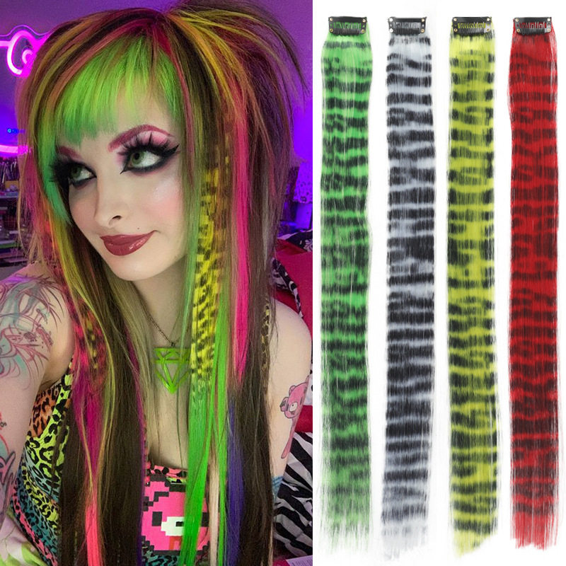 欧美外贸一卡式无痕接发豹纹彩发片挑染挂耳染彩色假发片隐形无痕