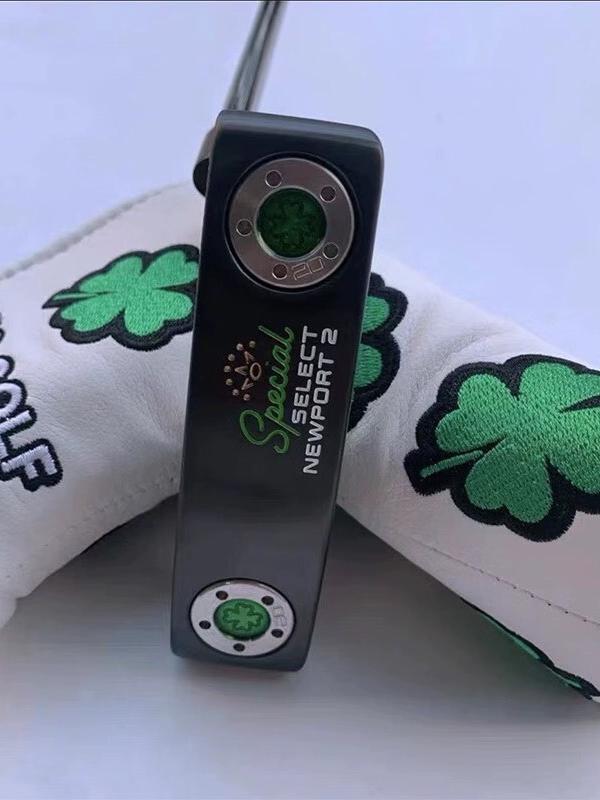 thumbnail for Golf clubs, yellow-crowned four-leaf clover, Scotty Cameron straight bar putter, golf putter