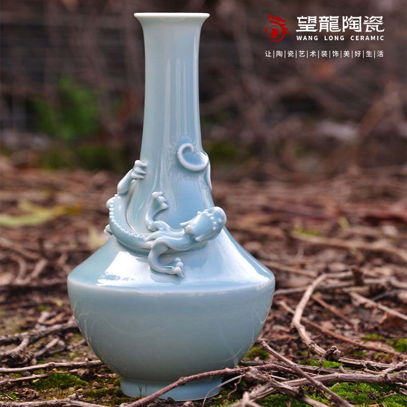 景德镇望龙柴窑盘龙方肩瓶影青釉雕刻小花瓶陶瓷器插花装饰陈设