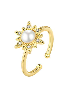 女镶嵌珍珠太阳花旋转开口戒指