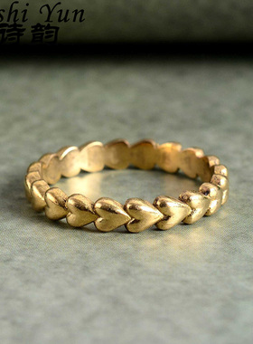 帕诗韵S925纯银金色拉丝款复古做旧爱心戒指女法式可爱甜美风指环