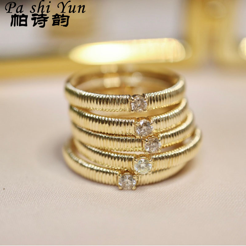 帕诗韵S925拉丝金色条纹镶钻戒指