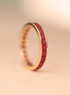 s925纯银石榴红排钻戒指