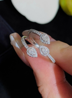 帕诗韵s925纯银镶嵌闪亮水滴戒指女别致气质轻奢百搭开口调节指环