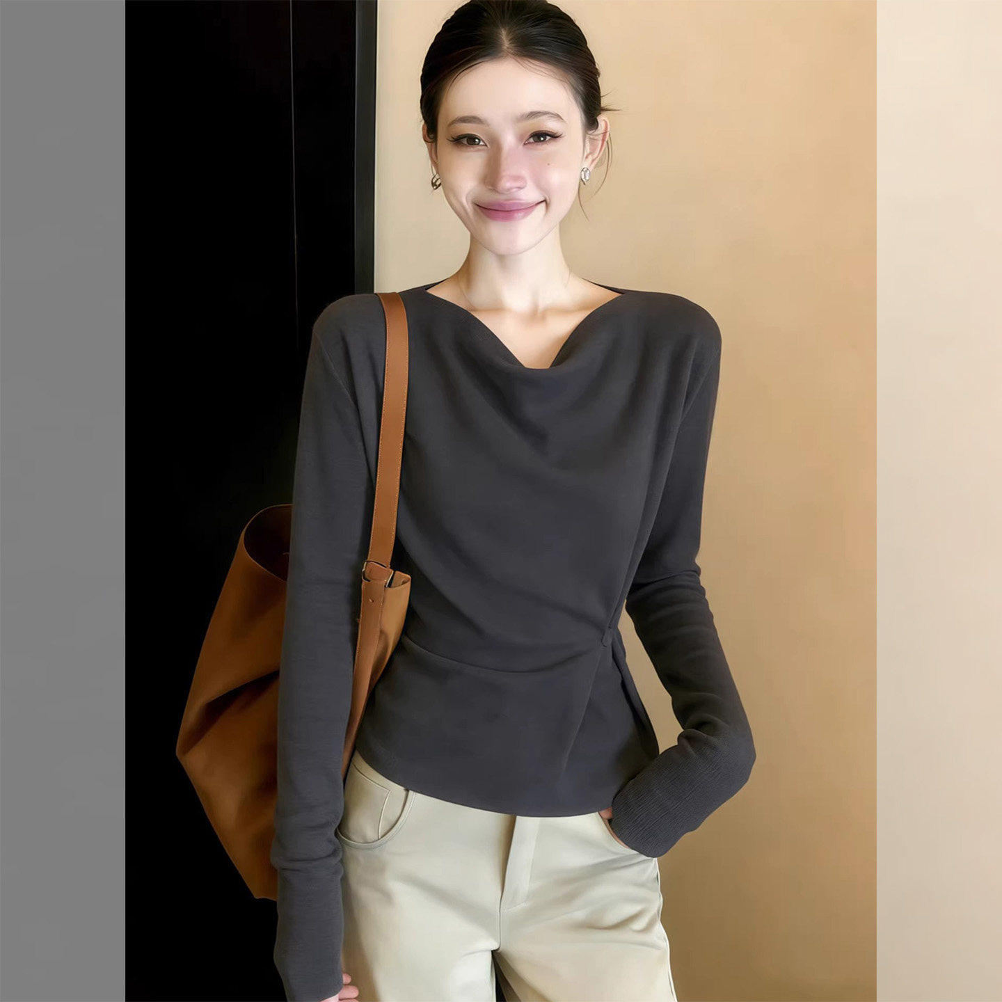 独特漂亮荡领上衣春装2026新款收腰内搭气质女士米白色针织打底衫