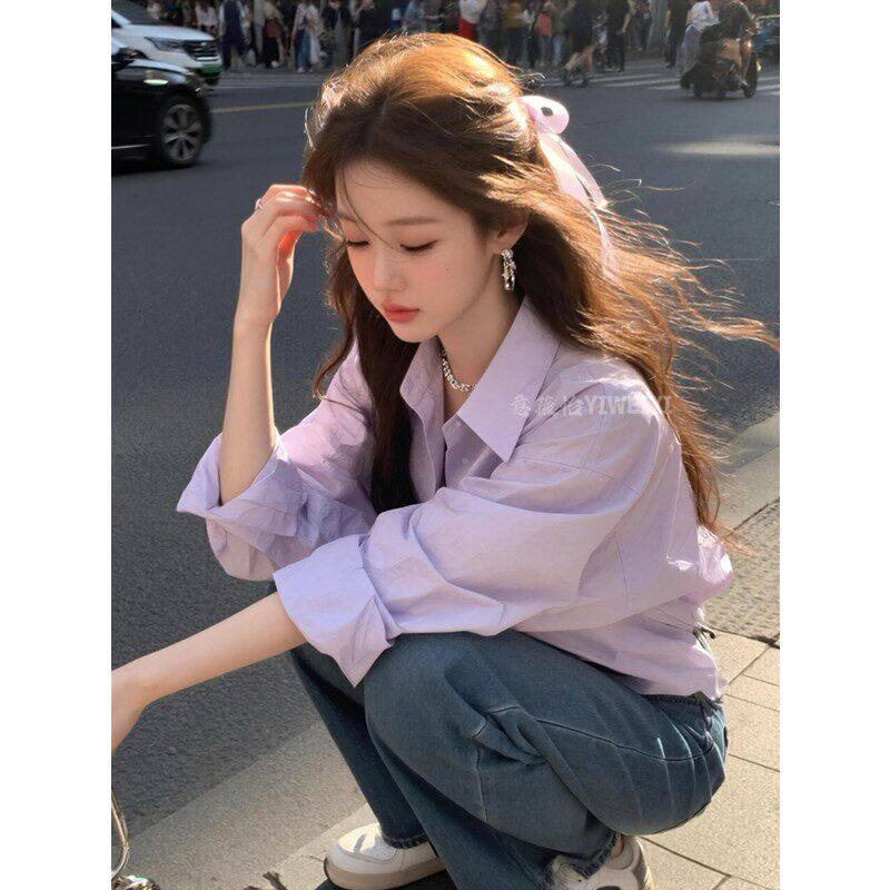 春季高级感叠穿紫色衬衫纯棉女韩系轻奢别致设计感小个子长袖衬衣