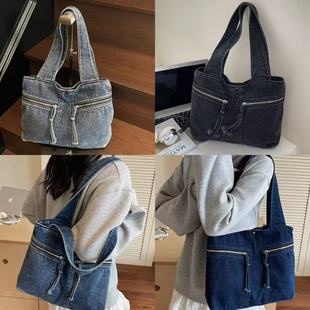 新款韩版ins高级感复古牛仔布包女士轻便逛街旅行大容量斜挎包