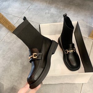 高品质瘦瘦靴女英伦风弹力袜靴真皮平底短靴春秋单靴马丁靴冬加绒