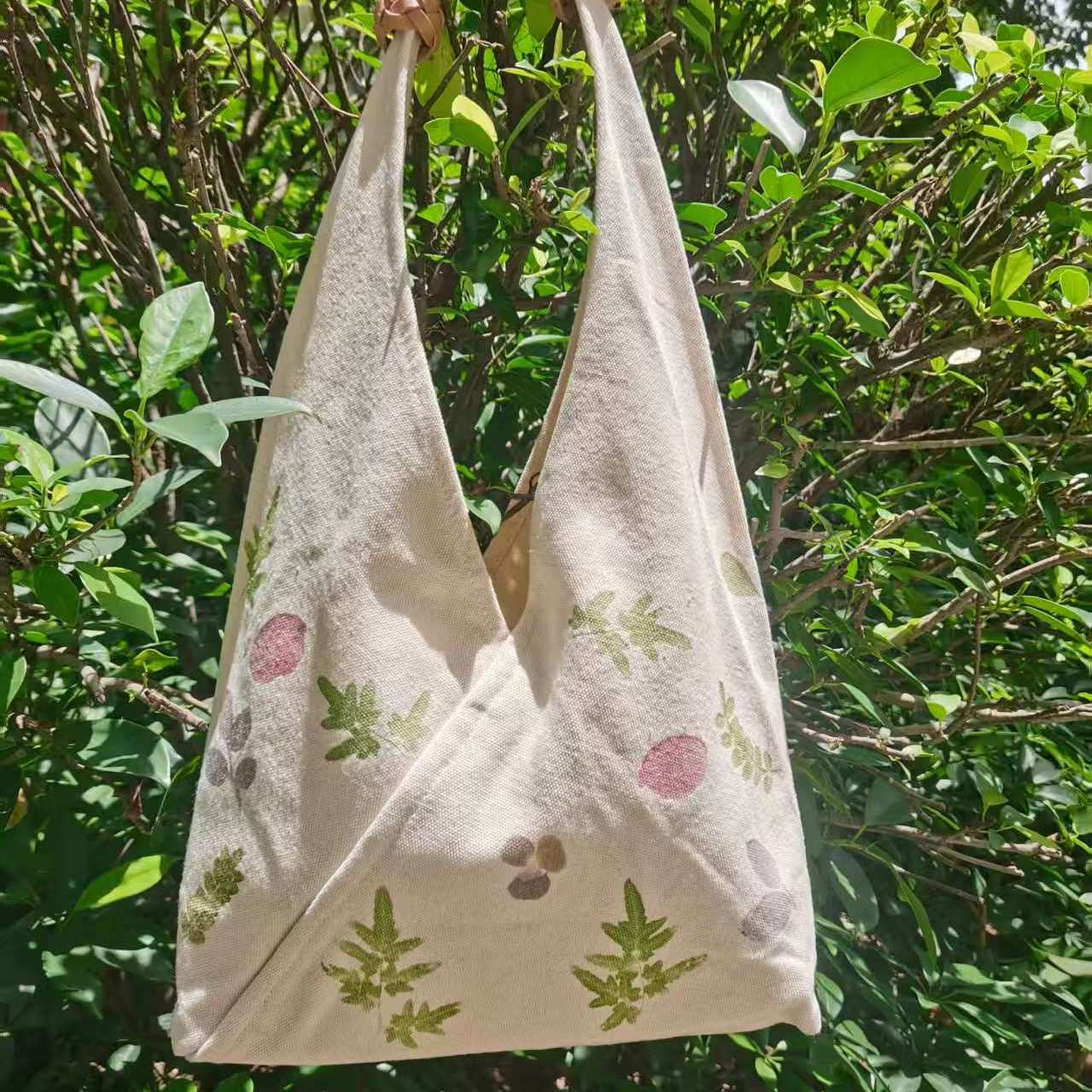 植物拓染扎染编制三角帆布包编织手柄diy非遗手工材料白胚布包