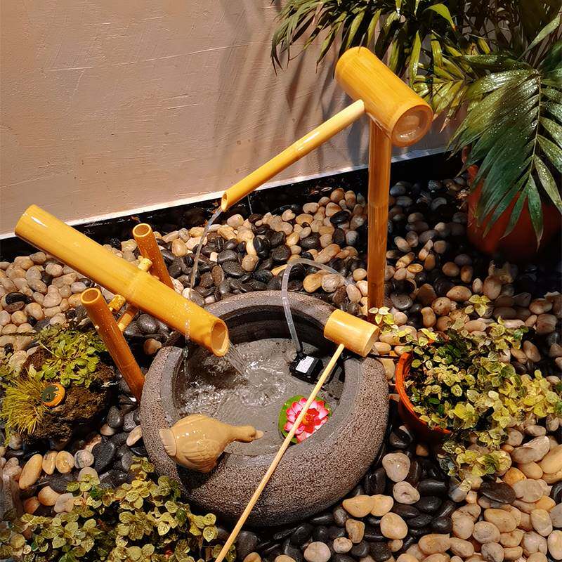 日式流水户外庭院摆件竹子惊鹿田园别墅禅意造景鱼缸石钵竹制流水