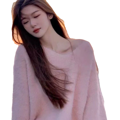 奶系软糯粉色V领马海毛毛衣女春秋温柔风宽松水貂毛套头针织上衣