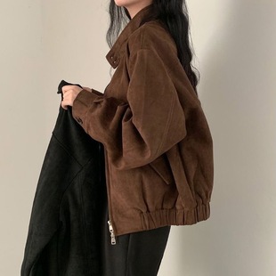 美拉德穿搭麂皮绒外套女秋冬设计感小众短款美式飞行员夹克上衣潮