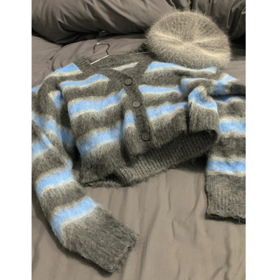 条纹马海毛V领开衫衣女秋冬季