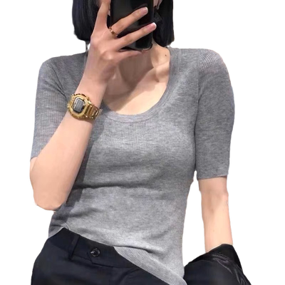 U领短袖针织衫女2023春夏新款气质内搭露锁骨修身冰丝灰色T恤上衣